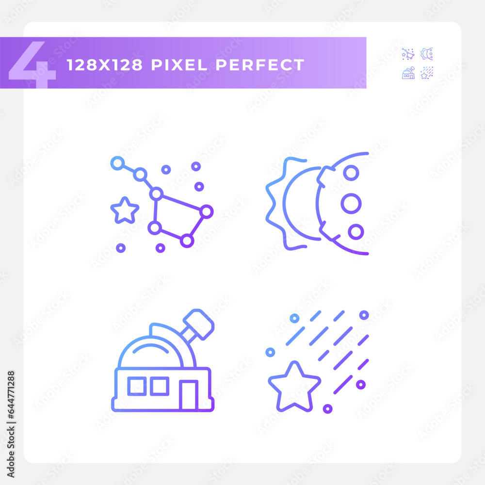 Poster astronomy science pixel perfect gradient linear vector icons set. space telescope. celestial bodies.