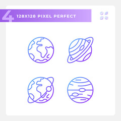 Planets pixel perfect gradient linear vector icons set. Astronomy education. Space body. Planetary system. Milky way. Thin line contour symbol designs bundle. Isolated outline illustrations collection