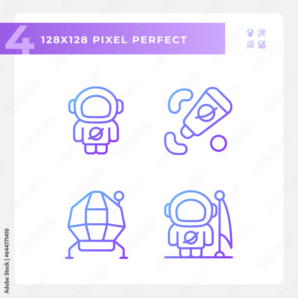 Poster moon mission pixel perfect gradient linear vector icons set. space agency. lunar module. apollo prog
