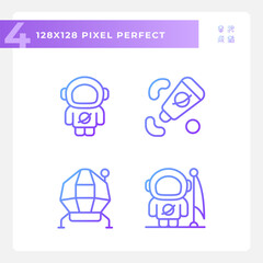 Moon mission pixel perfect gradient linear vector icons set. Space agency. Lunar module. Apollo program. Thin line contour symbol designs bundle. Isolated outline illustrations collection