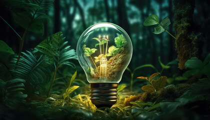 light bulb with green grass on foliage background