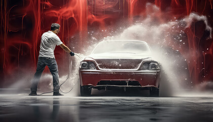 Worker washing a red car at a car wash - obrazy, fototapety, plakaty