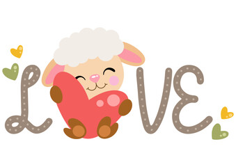 Love word with cute sheep holding a heart