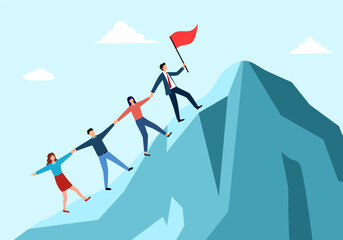 Group of men and women climb the mountain. The metaphor of success in business, career, teamwork, progress, leadership, cooperation.