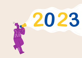 Happy New Year. Woman announces 2023 New Year numbers. Colorful vector illustration