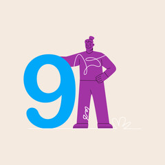 Woman hold big number nine. Colorful vector illustration