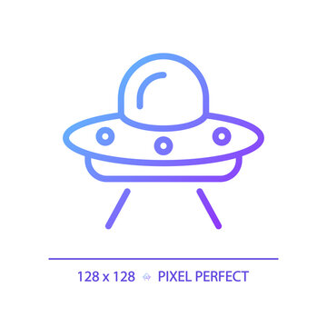Ufo pixel perfect gradient linear vector icon. Unidentified flying object. Extraterrestrial life. I want to believe. Thin line color symbol. Modern style pictogram. Vector isolated outline drawing