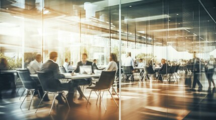 Blurred image of many business people working inside modern office