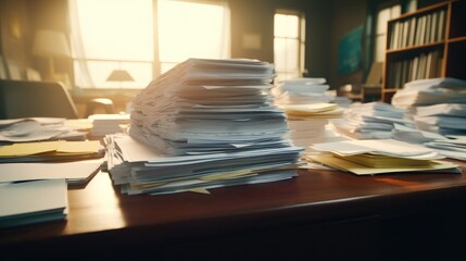 stack of documents that fills the desk
