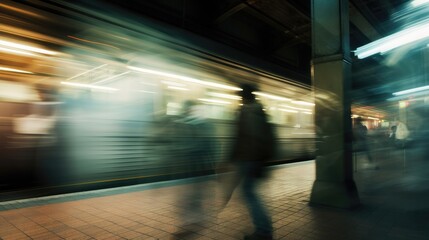 Blurred image of people waiting for subway at night
