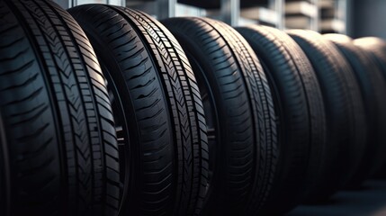 Obraz premium Car tires lined up next to each other in a car garage