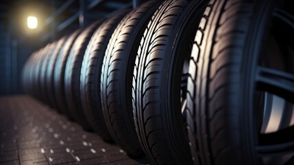 Car tires lined up next to each other in a car garage