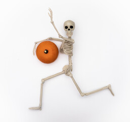 Skeleton with rised hands with pumpkin on white background. Halloween concept