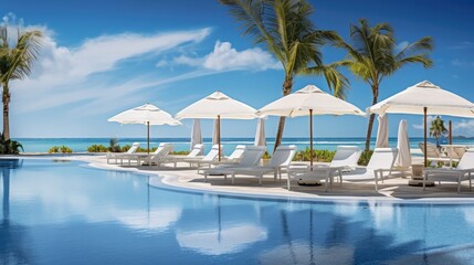Fototapeta premium Luxurious swimming pool and loungers umbrellas near beach.