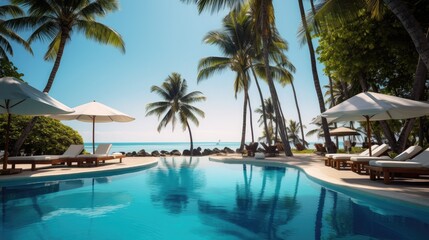 Fototapeta na wymiar Luxurious swimming pool and loungers umbrellas near beach.