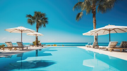 Obraz premium Luxurious swimming pool and loungers umbrellas near beach.