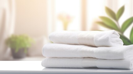 Roll of clean bath towel and houseplant on white table, spa concept.