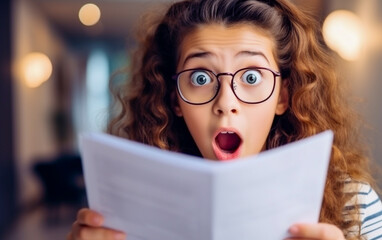 Shocked and surprised teen reading school report