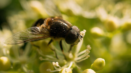 Honey bee on a flower collecting nectar. Macro shot in summer sunshine