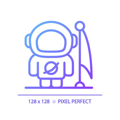 Man on moon pixel perfect gradient linear vector icon. Lunar landing. Astronaut suit. Space achievement. First step. Thin line color symbol. Modern style pictogram. Vector isolated outline drawing