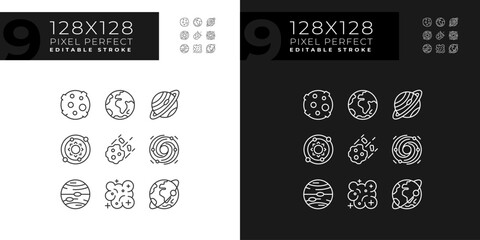 Celestial bodies pixel perfect linear icons set for dark, light mode. Outer space. Astrology education. Thin line symbols for night, day theme. Isolated illustrations. Editable stroke