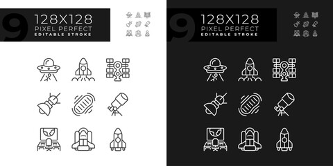 Science fiction pixel perfect linear icons set for dark, light mode. Space ship. Alien contact. Extraterrestrial life. Thin line symbols for night, day theme. Isolated illustrations. Editable stroke