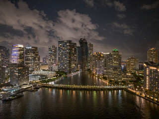Aerial twilight Brickell Miami Florida USA stock photo, the city of the city sunset clouds sky building miami florida