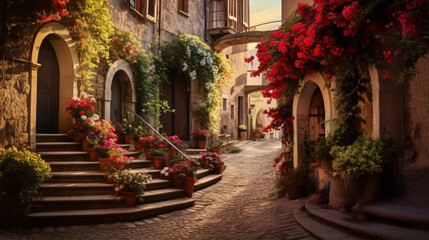 Fototapeta na wymiar Floral street in central Italy in the small Umbrian
