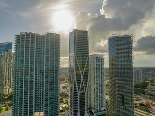 Obraz premium Skyline of Miami downtown at dusk. Florida, United States, Miami City on Sunny Day, USA. Aerial View stock photo, Miami skyline as seen from air