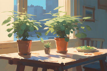 the peaceful house with the plant on the table. Generative AI