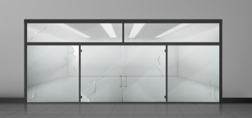 Broken glass door in shopping mall or office building. Vector realistic illustration of empty hall with room entrance, cracks on damaged showcase after robbery, tiled floor, led lamps on ceiling
