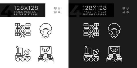 Sci fi pixel perfect linear icons set for dark, light mode. Space mission. Cosmic galaxy. Extraterrestrial life. Thin line symbols for night, day theme. Isolated illustrations. Editable stroke
