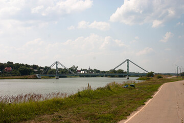 Cable-stayed bridge across the Moscow river in Bronnici, Russia
