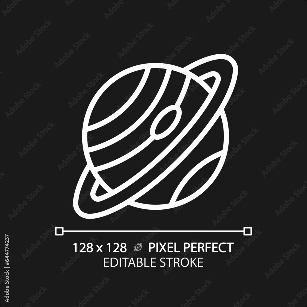 Poster saturn pixel perfect white linear icon for dark theme. ring planet. deep space. planetary astronomy.