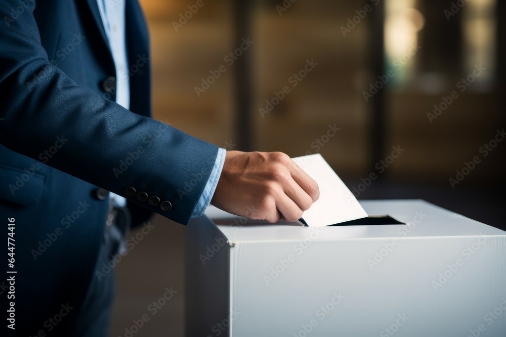 Poster hand inserting envelope in ballot box poll. generate ai