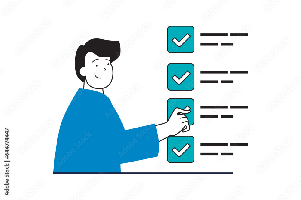 Aufkleber online survey concept with people scene in flat web design. man filling quiz form and ticking checkl