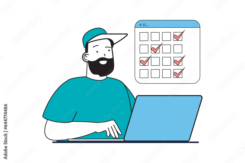 Poster Online survey concept with people scene in flat web design. Man ticking checkbox in questionnaire form and filling checklist at laptop. Vector illustration for social media banner, marketing material.