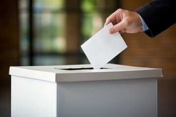 Hand inserting envelope in ballot box choice. Generate Ai