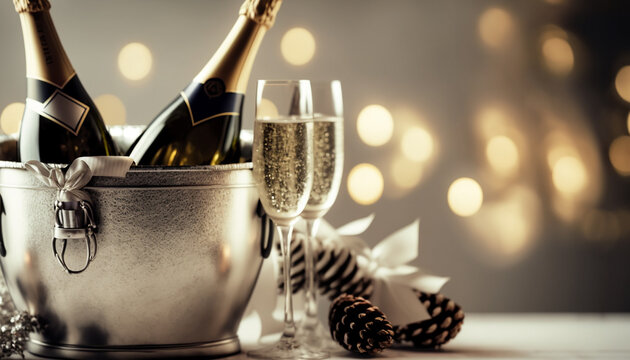 Luxury Romantic still life with champagne, in ice bucket and on bright bokeh background for greeting New year and Christmas celebration, Dinner party, a wedding anniversary.
