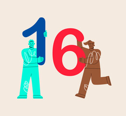 Man and woman hold numbers one and six. Colorful vector illustration