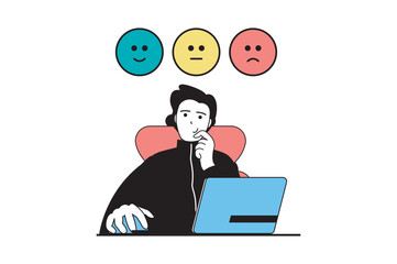 Online survey concept with people scene in flat web design. Man leaving feedback and choosing between positive and negative emoticon. Vector illustration for social media banner, marketing material.