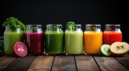 Fototapeta premium Smoothie close-up composition of fruits, vegetables and glass of detox drink