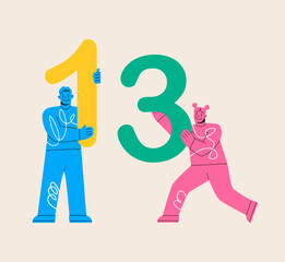 Man and woman hold numbers one and three. Colorful vector illustration