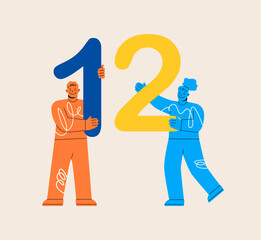 Man and woman hold numbers one and two. Colorful vector illustration