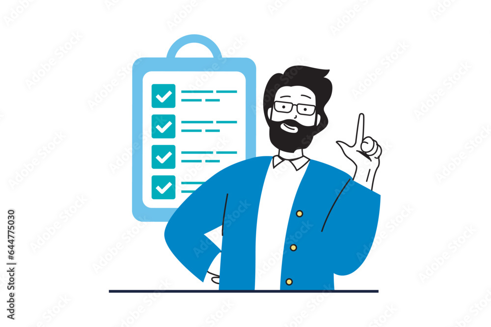 Poster online survey concept with people scene in flat web design. man filling questionnaire form, putting 