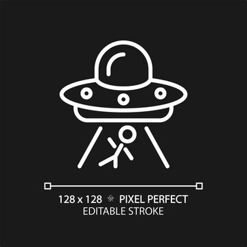 Alien abduction pixel perfect white linear icon for dark theme. Mind control. Ufo encounter. Unidentified flying object. Thin line illustration. Isolated symbol for night mode. Editable stroke