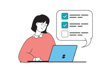 Online survey concept with people scene in flat web design. Woman choosing answer in test and ticking checkbox in digital form quiz. Vector illustration for social media banner, marketing material.
