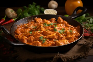 Frying pan chicken masala on table. Generate Ai