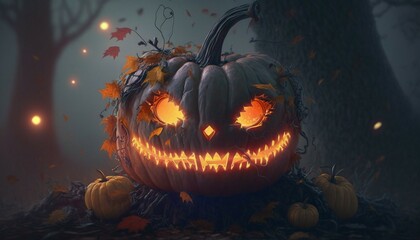 Halloween pumpkin. Terrifying pumpkin with glowing eyes. Orange pumpkin with big sharp teeth. Halloween pumpkin close-up