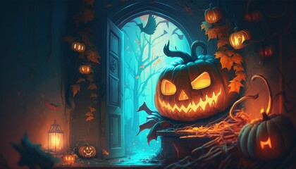 Halloween pumpkin. Terrifying pumpkin with glowing eyes. Orange pumpkin with big sharp teeth. Halloween pumpkin close-up